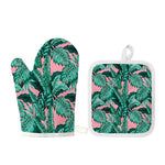 Teal Banana Leaves Pattern Print Oven Mitt And Pot Holder Set