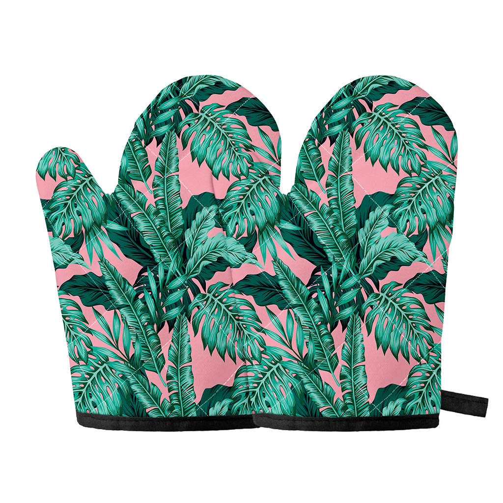 Teal Banana Leaves Pattern Print Oven Mitts