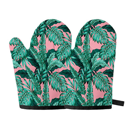 Teal Banana Leaves Pattern Print Oven Mitts