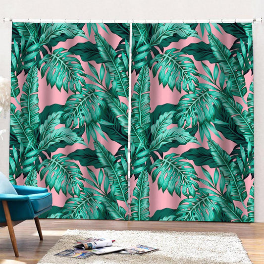 Teal Banana Leaves Pattern Print Pencil Pleat Curtains