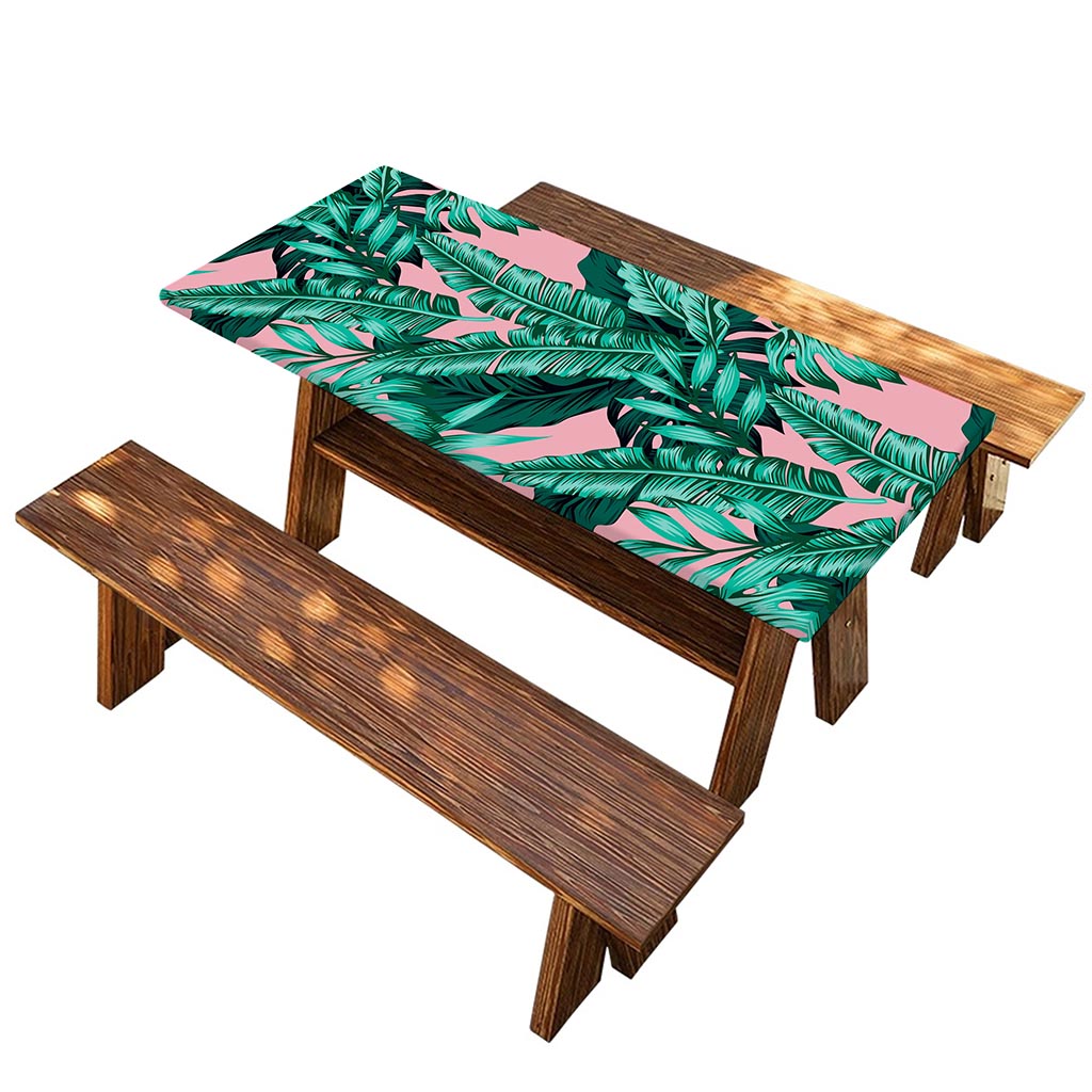 Teal Banana Leaves Pattern Print Picnic Table Cover