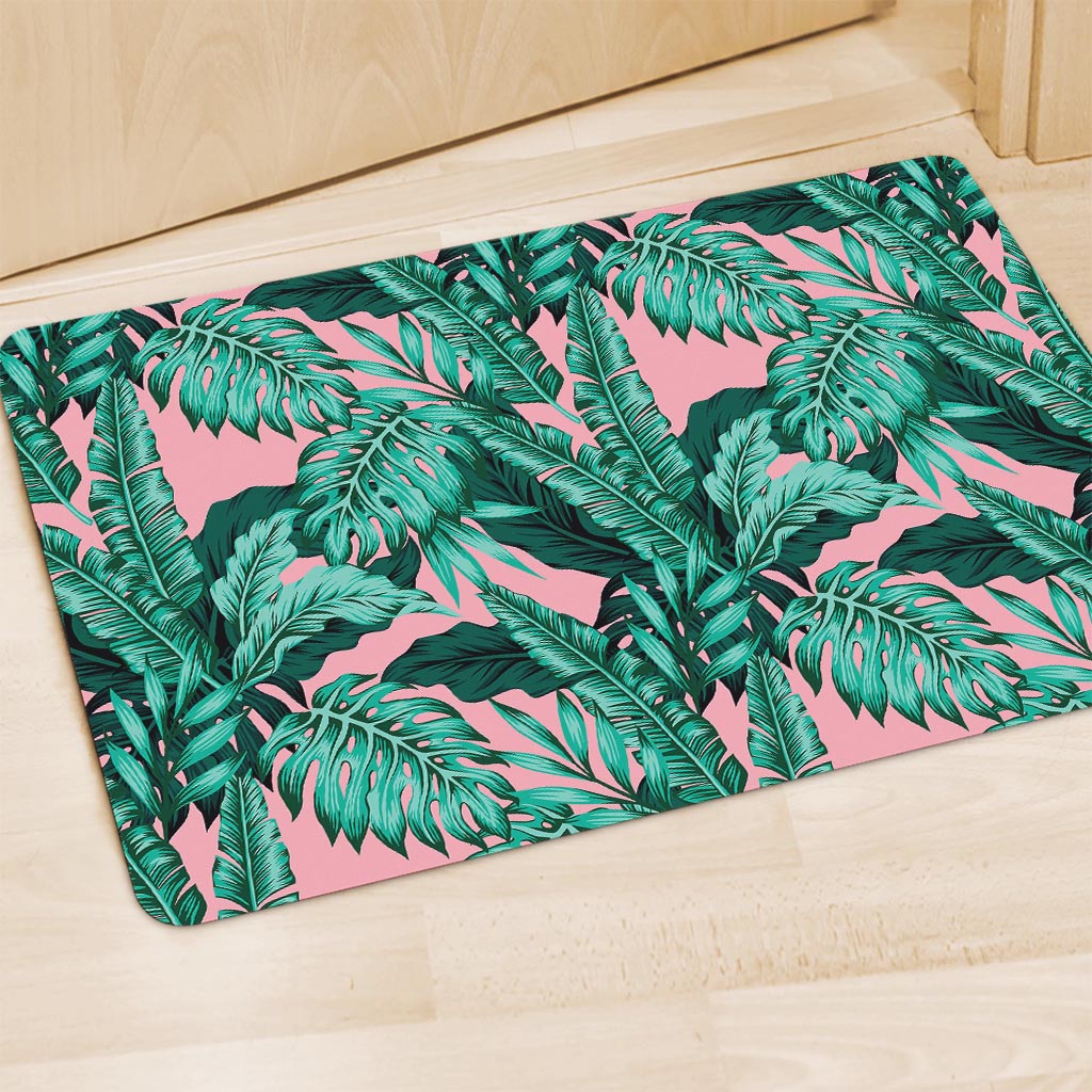 Teal Banana Leaves Pattern Print Polyester Doormat