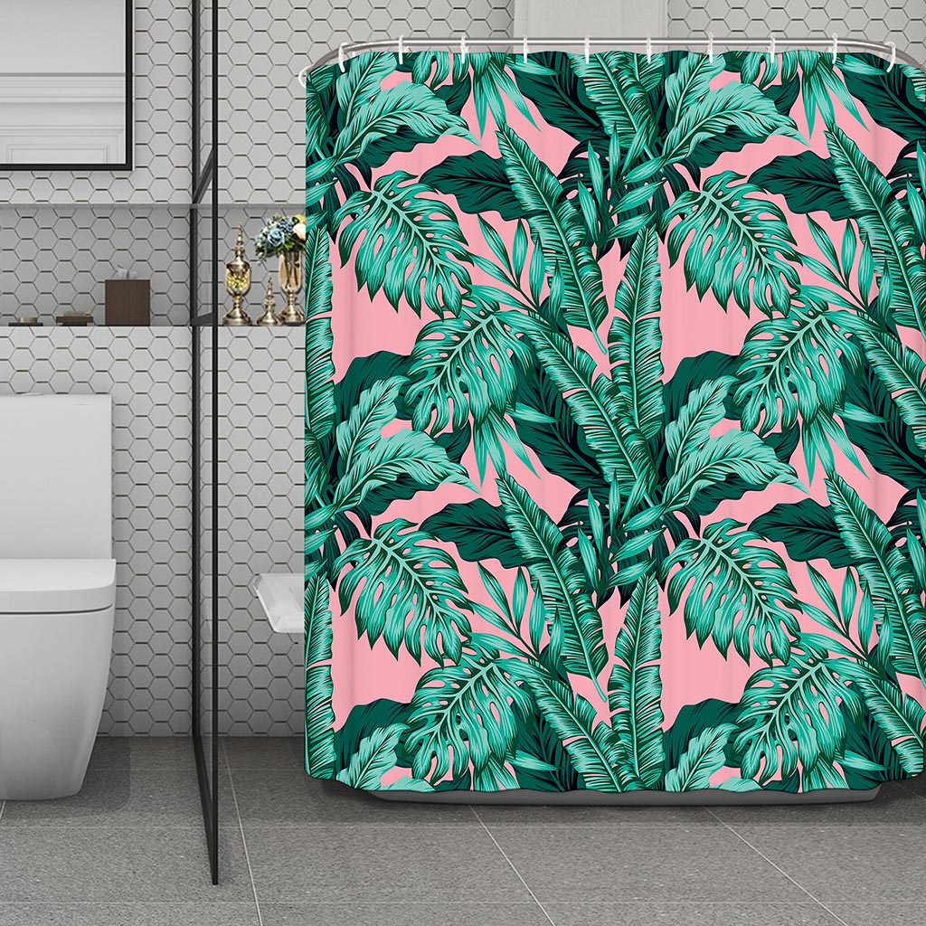 Teal Banana Leaves Pattern Print Polyester Shower Curtain