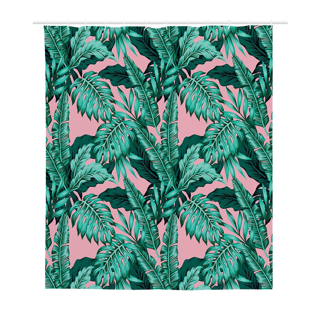 Teal Banana Leaves Pattern Print Polyester Shower Curtain