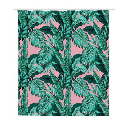 Teal Banana Leaves Pattern Print Polyester Shower Curtain