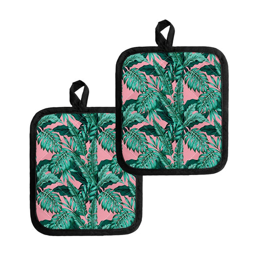 Teal Banana Leaves Pattern Print Pot Holders