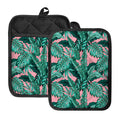 Teal Banana Leaves Pattern Print Pot Holders With Pocket