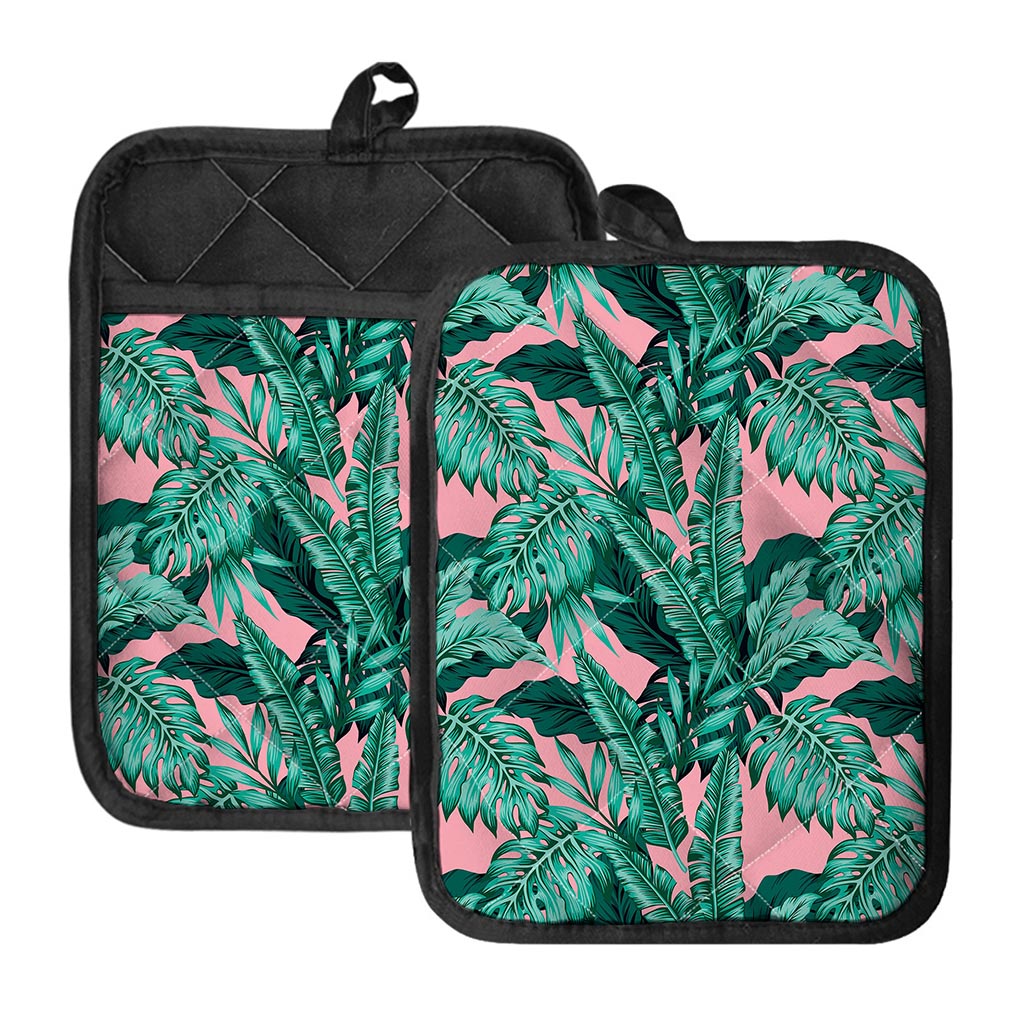 Teal Banana Leaves Pattern Print Pot Holders With Pocket