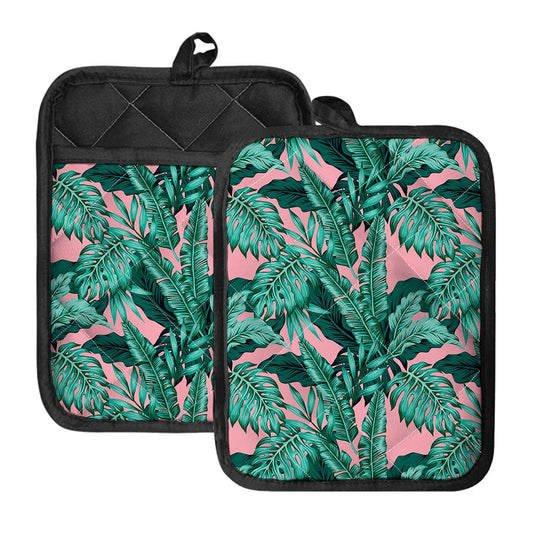 Teal Banana Leaves Pattern Print Pot Holders With Pocket