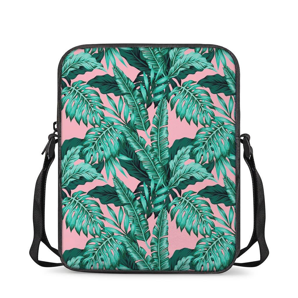 Teal Banana Leaves Pattern Print Rectangular Crossbody Bag