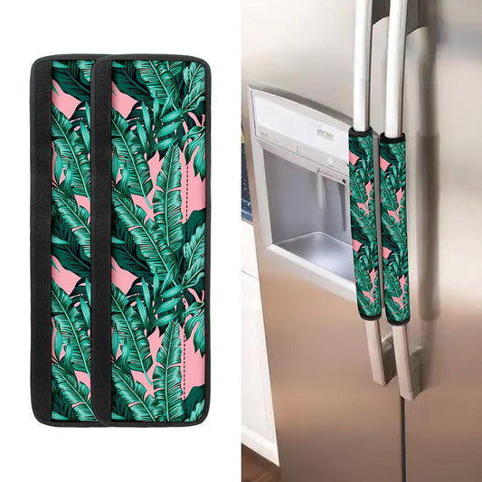 Teal Banana Leaves Pattern Print Refrigerator Handle Covers