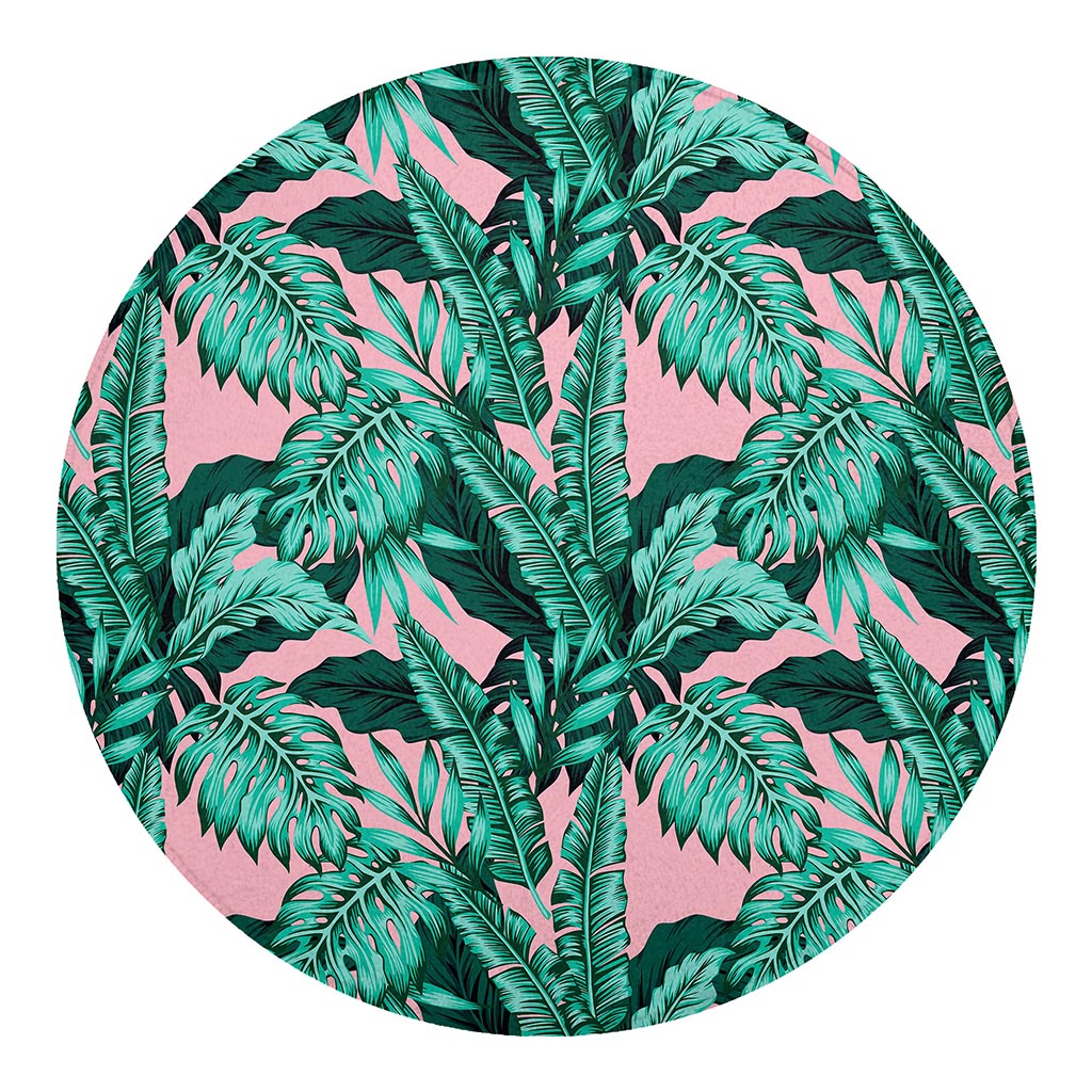 Teal Banana Leaves Pattern Print Round Blanket