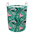 Teal Banana Leaves Pattern Print Round Laundry Basket