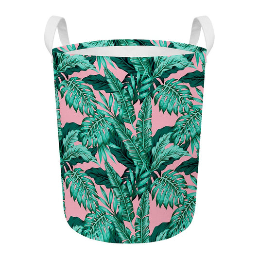 Teal Banana Leaves Pattern Print Round Laundry Basket