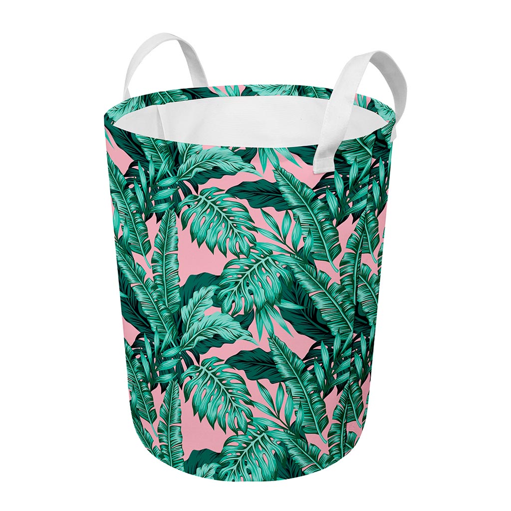 Teal Banana Leaves Pattern Print Round Laundry Basket