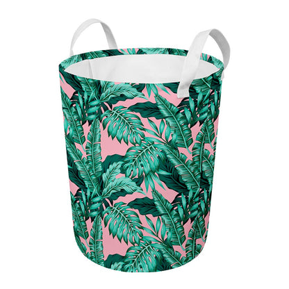 Teal Banana Leaves Pattern Print Round Laundry Basket