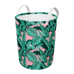 Teal Banana Leaves Pattern Print Round Laundry Basket