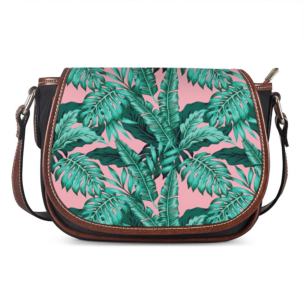 Teal Banana Leaves Pattern Print Saddle Bag