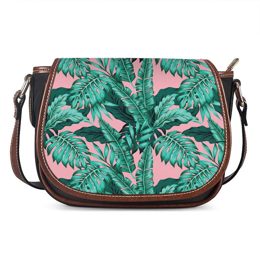 Teal Banana Leaves Pattern Print Saddle Bag