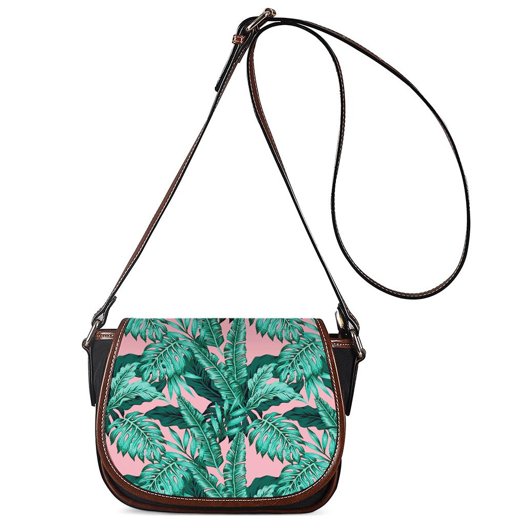 Teal Banana Leaves Pattern Print Saddle Bag