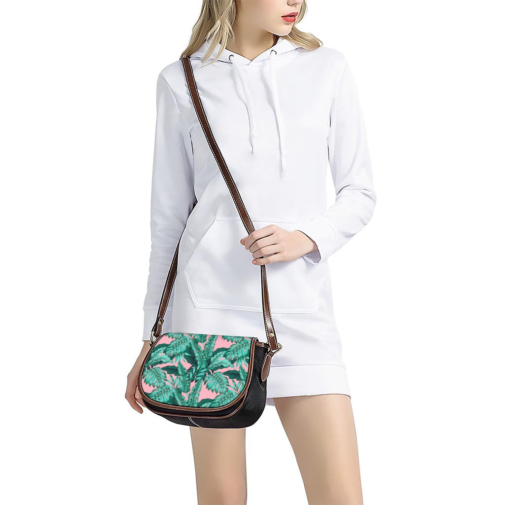 Teal Banana Leaves Pattern Print Saddle Bag