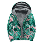 Teal Banana Leaves Pattern Print Sherpa Lined Zip Up Hoodie