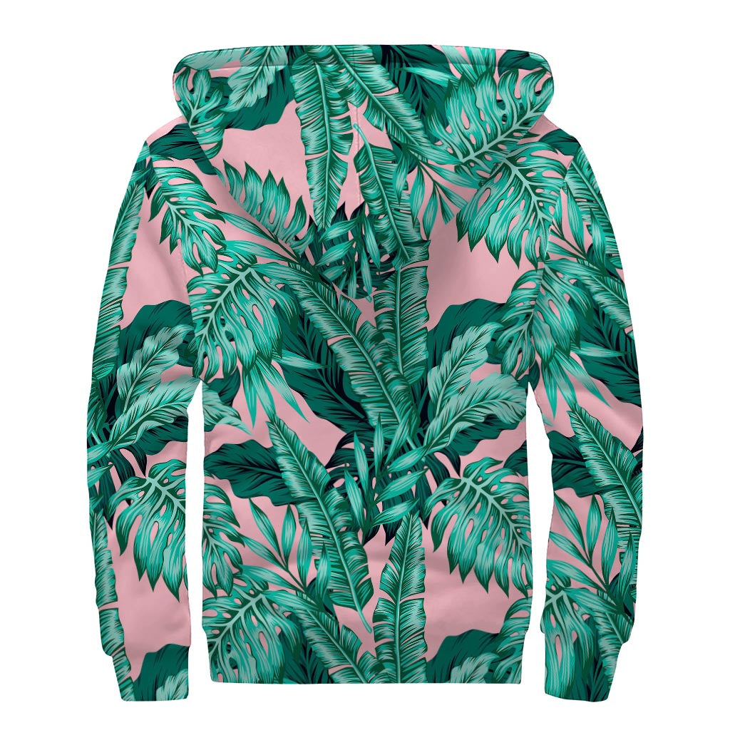 Teal Banana Leaves Pattern Print Sherpa Lined Zip Up Hoodie
