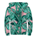 Teal Banana Leaves Pattern Print Sherpa Lined Zip Up Hoodie