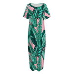 Teal Banana Leaves Pattern Print Short Sleeve Long Nightdress