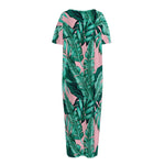 Teal Banana Leaves Pattern Print Short Sleeve Long Nightdress