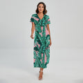 Teal Banana Leaves Pattern Print Short Sleeve Maxi Dress