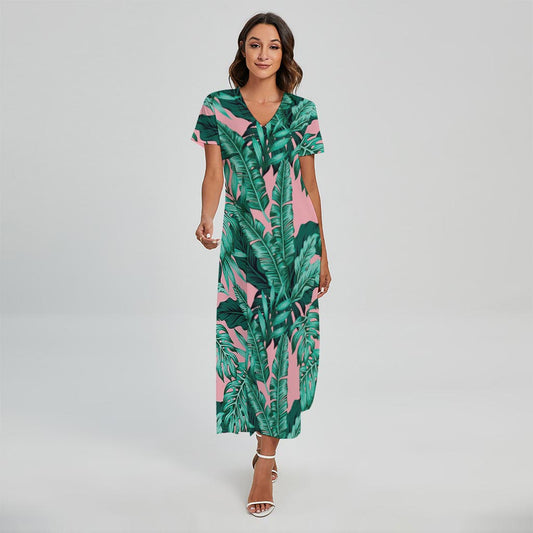 Teal Banana Leaves Pattern Print Short Sleeve Maxi Dress