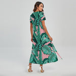 Teal Banana Leaves Pattern Print Short Sleeve Maxi Dress
