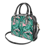 Teal Banana Leaves Pattern Print Shoulder Handbag