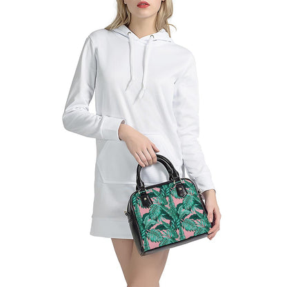 Teal Banana Leaves Pattern Print Shoulder Handbag