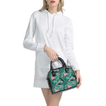 Teal Banana Leaves Pattern Print Shoulder Handbag