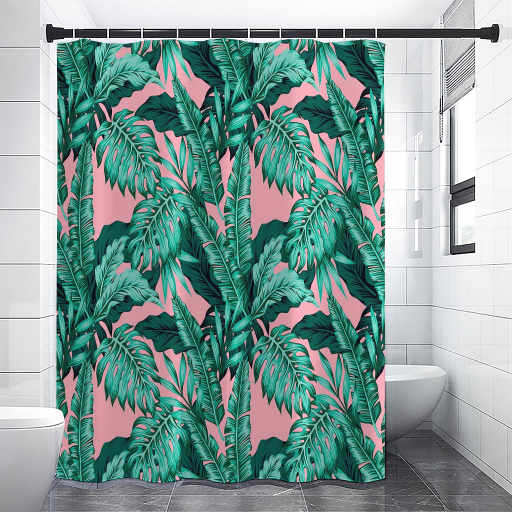 Teal Banana Leaves Pattern Print Shower Curtain