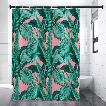 Teal Banana Leaves Pattern Print Shower Curtain