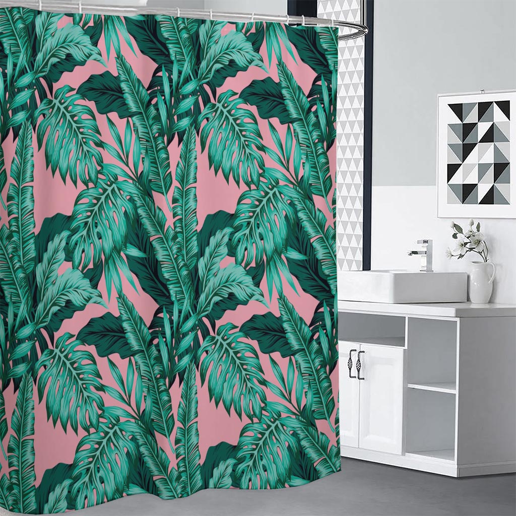 Teal Banana Leaves Pattern Print Shower Curtain