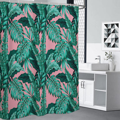 Teal Banana Leaves Pattern Print Shower Curtain