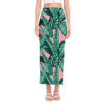Teal Banana Leaves Pattern Print Side Slit Maxi Skirt
