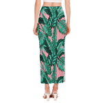 Teal Banana Leaves Pattern Print Side Slit Maxi Skirt