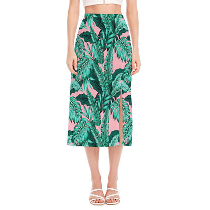 Teal Banana Leaves Pattern Print Side Slit Midi Skirt