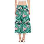 Teal Banana Leaves Pattern Print Side Slit Midi Skirt