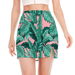 Teal Banana Leaves Pattern Print Side Slit Mini Skirt