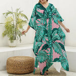 Teal Banana Leaves Pattern Print Silk V-Neck Kaftan Dress