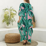 Teal Banana Leaves Pattern Print Silk V-Neck Kaftan Dress