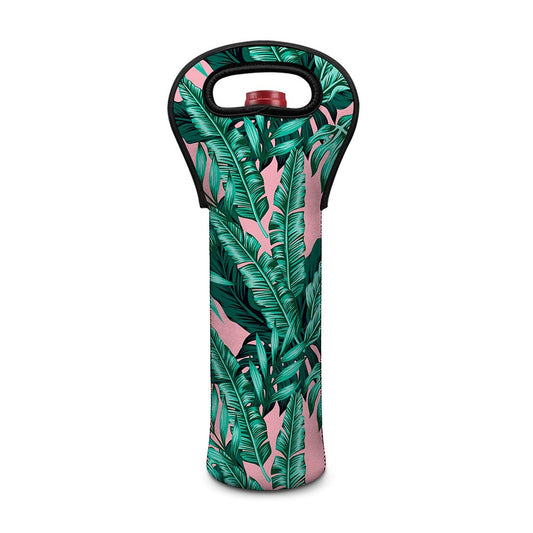 Teal Banana Leaves Pattern Print Single Neoprene Wine Tote