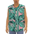 Teal Banana Leaves Pattern Print Sleeveless Baseball Jersey