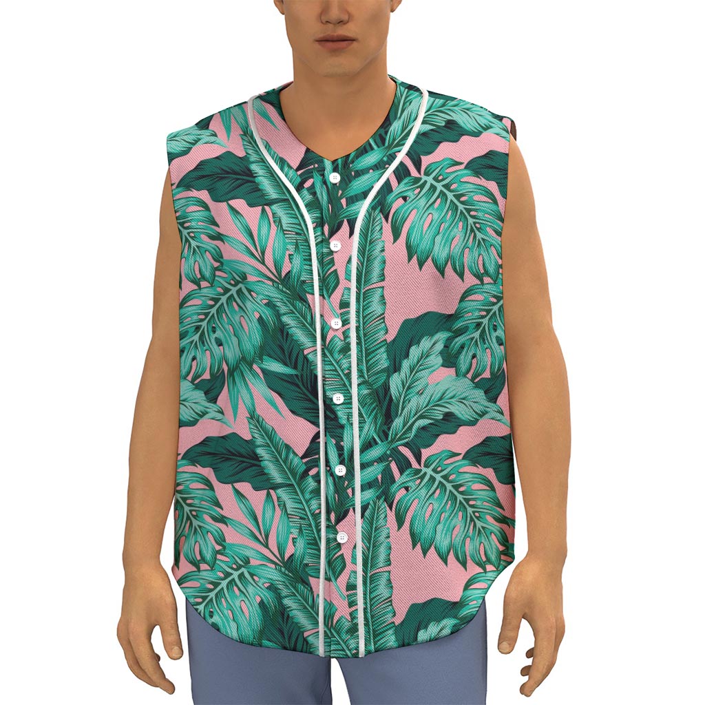 Teal Banana Leaves Pattern Print Sleeveless Baseball Jersey